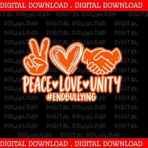 May include: A graphic design on a black background featuring an orange peace sign, a heart, and a handshake icon. Below these symbols, the white text reads PEACE LOVE UNITY with small hearts between words, followed by the hashtag #ENDBULLYING.