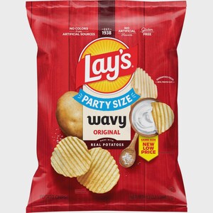 May include: A red bag of Lay's Party Size Wavy Original potato chips. The packaging features the Lay's logo, a whole potato, several wavy chips, and a small wooden spoon with dip. Text includes 'No Colors From Artificial Sources', 'Est. 1938', and 'Net Wt 13 oz'.