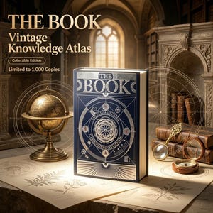May include: A dark blue hardcover book titled THE BOOK with silver geometric and circular illustrations on the cover. Beside it sits a brass globe, a magnifying glass, and a compass on a surface with botanical sketches and vintage book spines.