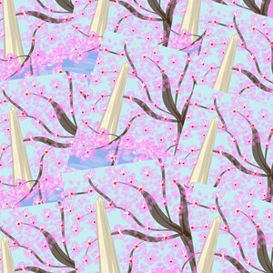 May include: A repeating pattern of a white obelisk in front of a pink cherry blossom tree on a light blue background.