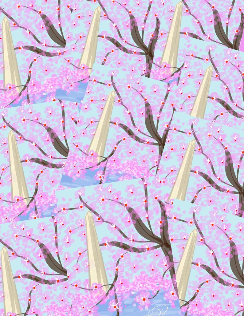 May include: A repeating pattern of a white obelisk in front of a pink cherry blossom tree on a light blue background.