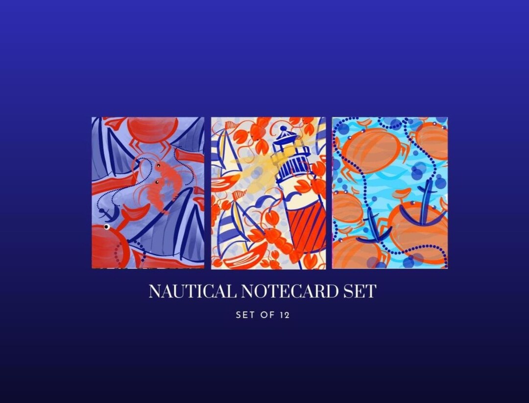 Nautical/boat/crab Notecard Set (12 Flat Cards W/envelopes) - Etsy