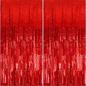 May include: A pair of vibrant red metallic foil fringe curtains featuring long, thin vertical strips that create a shimmering, reflective surface. These decorative party curtains are designed with a glossy finish that catches light across the entire length.