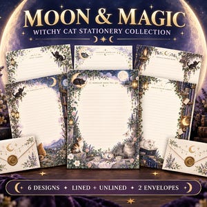 May include: A Moon & Magic witchy cat stationery collection featuring six sheets of lined and unlined paper with botanical and feline illustrations, plus two envelopes with gold moon seals. The set includes various celestial and garden themes.