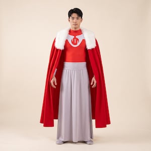 Puede incluir: Un disfraz que incluye una camiseta roja de manga larga con un emblema circular blanco en el pecho, una falda larga de color gris claro con cintura ancha y una capa roja larga con un cuello de piel sintética blanca sobre los hombros.