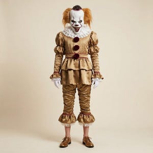 Può includere: Un costume da clown composto da una tunica in raso oro metallizzato con maniche a sbuffo, un colletto bianco a balze e tre pon pon rosso scuro. I pantaloni dorati abbinati sono arricciati alle ginocchia con polsini a balze e maschera.