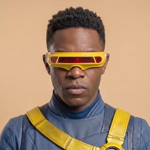 Op de afbeelding: Een gele bril in vizierstijl met een enkele horizontale rode lens aan de voorzijde. Het montuur is geel en bedekt het ooggebied, gecombineerd met een blauw kledingstuk met textuur en een gele band die over de borst wordt gedragen.