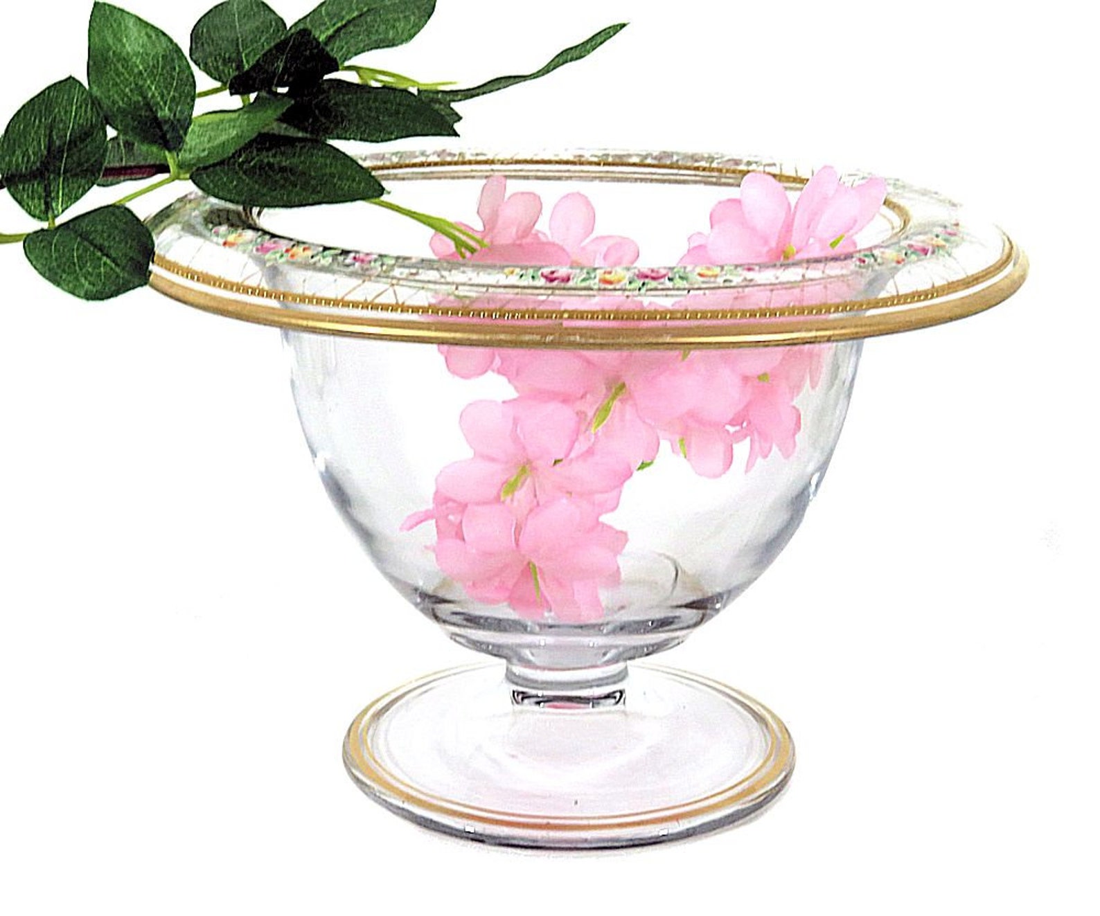 Glass Pedestal Centerpiece Bowl with Enamelled Flowers Etsy