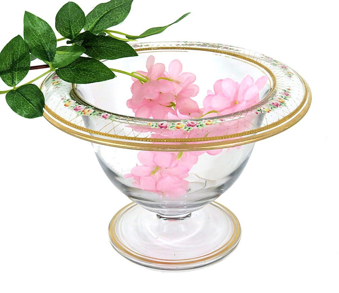 Glass Pedestal Centerpiece Bowl with Enamelled Flowers Etsy