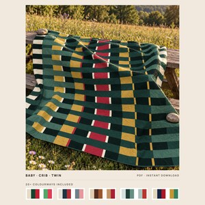 Puede incluir: Una manta de punto con un patrón geométrico de rayas verticales y horizontales en tonos verde oscuro, verde bosque, amarillo mostaza, crema y rojo intenso. El texto dice BABY - CRIB - TWIN y 20+ COLOURWAYS INCLUDED.