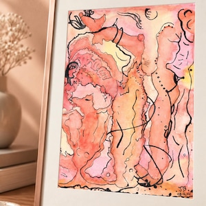 Puede incluir: Una pintura en acuarela enmarcada que presenta formas orgánicas abstractas en tonos melocotón, coral y amarillo, acentuadas con líneas de tinta negra. La obra incluye la firma JB y la fecha 08.12.21 en la esquina inferior derecha.