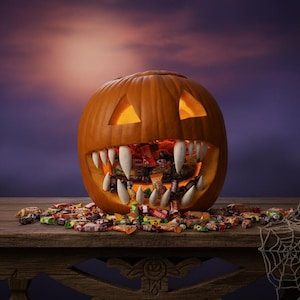 May include: A carved orange pumpkin with a wide, toothy grin, filled with candy. The pumpkin sits on a wooden table, with candy spilling out. A Halloween-themed decoration.
