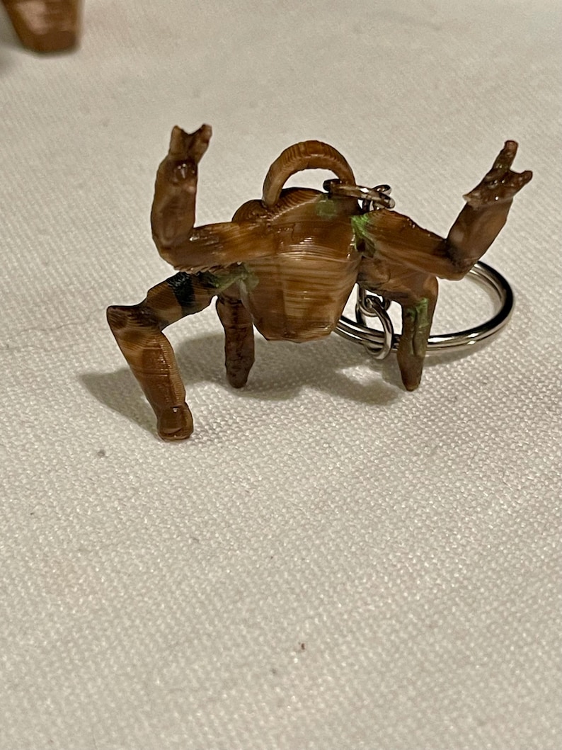 May include: A brown crab-shaped keyring with a silver ring. The crab has its arms raised and legs extended. Green paint accents the joints. The keyring is made of a textured material.