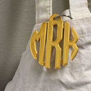 May include: Gold monogram keyring with the letters "MRK" in a circle. The keyring is attached to a white tote bag.