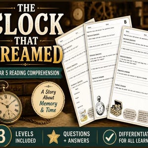 Könnte beinhalten: Ein Leseverständnis-Set für das 5. Schuljahr mit dem Titel The Clock That Dreamed, bestehend aus drei Arbeitsblättern A, B und C zu den Themen Gedächtnis und Zeit. Eine goldene Taschenuhr liegt neben den illustrierten Textblättern.