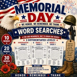 Op de afbeelding: Een Memorial Day woordzoekers-activiteitenset met een Amerikaanse zeearend, een militaire helm op een geweer en rode klaprozen. De afbeelding bevat de tekst: Memorial Day, We Honor. We Remember. We Thank. Word Searches en drie niveaus.