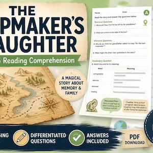 May include: A Year 5 reading comprehension worksheet titled The Mapmaker's Daughter, featuring a vintage-style map illustration, a brass compass, and three differentiated question levels labelled A, B, and C, designed for educational use.