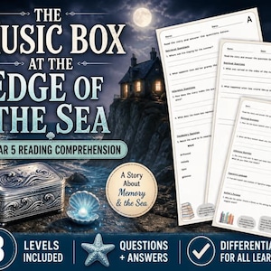 May include: A Year 5 reading comprehension resource titled The Music Box at the Edge of the Sea. It features a silver music box, a pearl in a shell, and three worksheets labelled A, B, and C with questions about memory and the sea.
