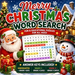 Può includere: Una copertina di un libro di cruciverba Merry Christmas Word Search con Babbo Natale e un pupazzo di neve. Il testo recita Merry Christmas Word Search, Fun & Educational Puzzles For All Ages e Answer Keys Included, con livelli dalla scuola materna alla quinta elementare.