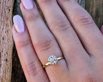 Gold Tone Solitaire Crystal Ring, Round Cut Engagement Style, Dainty Minimalist Jewelry