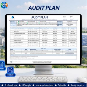 Mall för ISO 9001-revisionsplan, internrevisionsschema i Excel, checklista för ISO 45001 14001 QMS-revision, redigerbar regelefterlevnadsplanerare