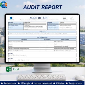May include: A computer monitor displaying an Audit Report document with tables detailing audit findings, nonconformities, and observations. The screen shows text including Audit Type, Audit Date, and Audit Finding Summary. An Excel icon is visible below.