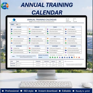 May include: A computer monitor displaying an Annual Training Calendar with a grid of twelve months, each containing specific training topics, icons, and a legend. The screen shows a professional layout with sections for prepared by and department details.