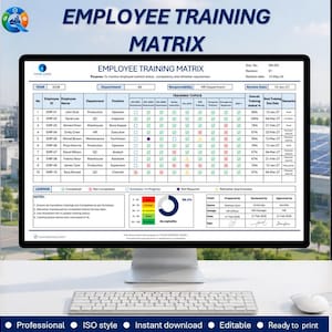 Può includere: Un monitor di computer che mostra un modello di foglio di calcolo per la matrice di formazione dei dipendenti. Lo schermo visualizza una tabella con nomi dei dipendenti, reparti, posizioni e argomenti di formazione, oltre a un grafico.