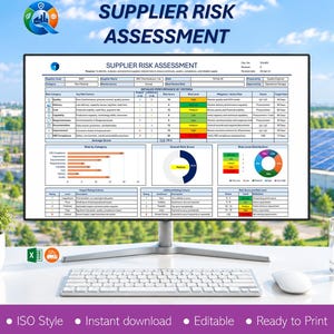 May include: A computer monitor displaying a Supplier Risk Assessment document with tables, bar charts, and a pie chart. The screen shows detailed performance criteria, risk levels, and mitigation plans. A keyboard and mouse sit on the desk below.