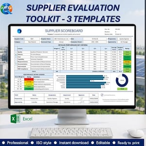 May include: A computer monitor displaying a Supplier Evaluation Toolkit with three templates, featuring a detailed Supplier Scoreboard spreadsheet with performance criteria, weighted scores, bar charts, and a circular rating graph, labelled with Excel branding.