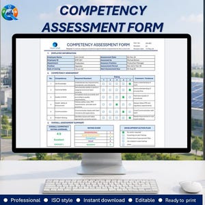 Puede incluir: Un monitor de computadora que muestra un formulario de evaluación de competencias en blanco con encabezados azules, campos de información del empleado, una tabla de evaluación numerada con casillas y un plan de acción.