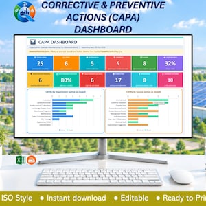 Puede incluir: Un monitor de computadora que muestra un panel de control de Acciones Correctivas y Preventivas (CAPA) con gráficos de datos coloridos, métricas y tablas. La pantalla muestra varios indicadores de rendimiento y gráficos de barras.
