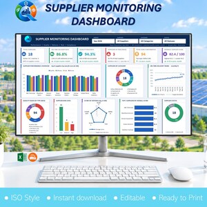Op de afbeelding: Een computermonitor toont een dashboard voor leveranciersmonitoring met diverse datakaarten, grafieken en prestatiecijfers. Het scherm bevat numerieke gegevens, een staafdiagram, een cirkeldiagram en een spindiagram voor analyse.