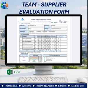 Puede incluir: Un monitor de computadora que muestra un formulario de evaluación de proveedores en formato de hoja de cálculo Excel. El documento incluye secciones para información del proveedor, criterios de evaluación y resultados generales con una clave.