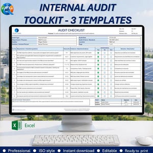 May include: A computer monitor displaying an Internal Audit Toolkit with 3 templates, featuring an audit checklist document with rows of requirements, evidence, and compliance checkboxes. The screen shows Excel branding and professional audit data.