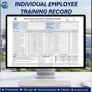 Pode incluir: Um monitor de computador exibindo um formulário de registro de treinamento individual de funcionário com colunas para título, provedor, data, duração, método, número de certificação, status, resultado e data de vencimento.