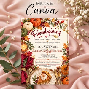 May include: A rectangular Friendsgiving invitation card featuring autumn-themed illustrations of pumpkins, fall leaves, berries, a slice of pumpkin pie, and a lit candle. The text includes event details, host names, and venue information.