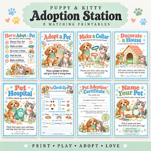 May include: A set of eight printable activity sheets titled Puppy & Kitty Adoption Station. Each sheet features illustrations of puppies and kittens with text instructions for pet-themed games, including adoption certificates, vet check-up forms, and craft ideas.