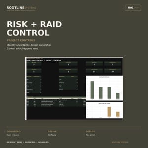 May include: A digital dashboard titled RISK + RAID CONTROL by ROOTLINE SYSTEMS. The interface displays project control metrics, including active RAID items, risk ratings, and a table of project tasks with columns for ID, type, title, owner, and due date.