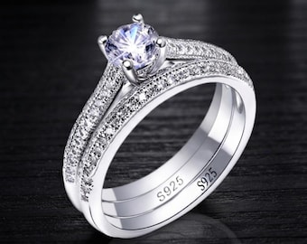 Alliance en argent sterling 925, bague de fiançailles vintage avec halo, bagues de mariée rondes en zircon cubique