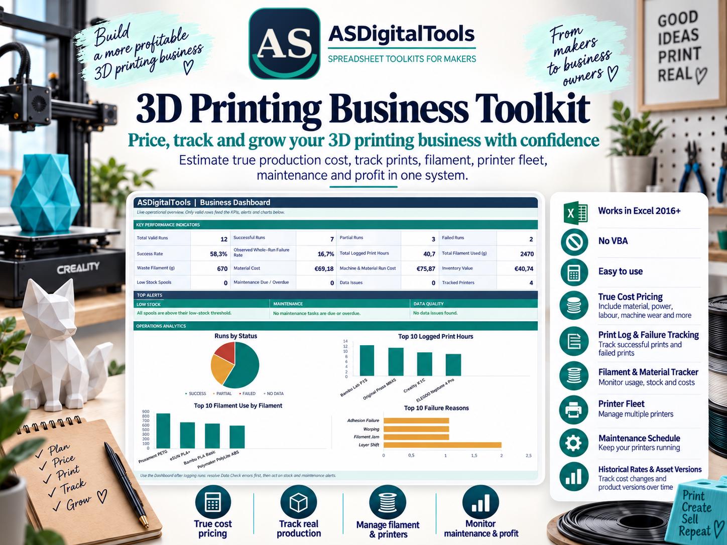 3D Printing Business Toolkit for Excel Cost Calculator, Pricing, Inventory, Printer Tracking & Dashboard
