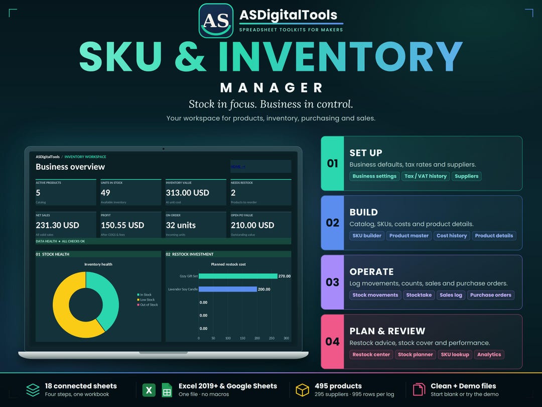 Inventory Tracker Spreadsheet for Small Business SKU and Stock Manager ...