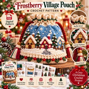 May include: A crochet pattern for a Frostberry Village Pouch featuring a drawstring bag with a winter village scene, including houses, trees, and snow. The set includes printed instructions, photos, and details on ruffle, cottage, and tassel features.