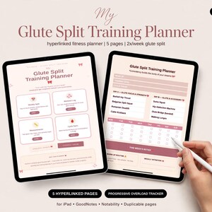 May include: Two tablets display a digital My Glute Split Training Planner with a light pink colour scheme. The screens show workout logs, exercise lists like Barbed Hip Thrust, and a weekly tracker. A white stylus is held near the right tablet screen.