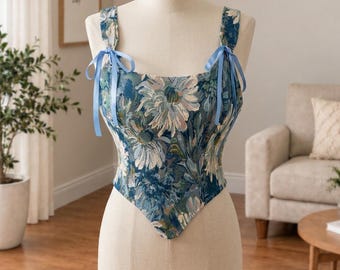 Women’s Retro Floral Corset Top, Cottagecore Lace Up Party Bustier Top