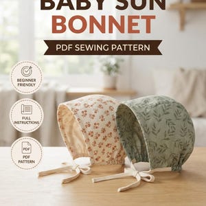 Baby Sun Bonnet Sewing Pattern PDF (0-24 Months), Baby Bonnet Pattern, Baby Hat Pattern, Sun Hat, Newborn Bonnet, Toddler Hat Pattern
