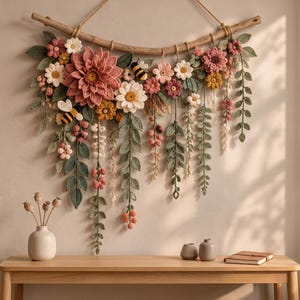 May include: A wall hanging featuring crocheted flowers in shades of pink, white, and yellow, green crocheted leaves, and two small crocheted bees, all suspended from a curved wooden branch with a rope hanger, creating a floral arrangement.