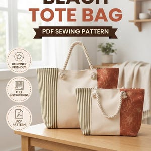 May include: A PDF sewing pattern for a beach tote bag from ThreadAndNook. The image displays two tote bags with cream centers, olive green striped side panels, and rust-colored floral side panels, featuring thick white rope handles.