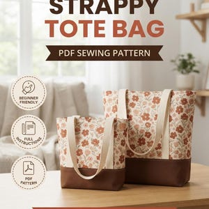 Strappy Tote Bag Sewing Pattern PDF, Tote Bag Pattern, Purse Sewing Pattern, Handbag Pattern, Leather Strap Tote, Pocket Tote, Shopper Bag