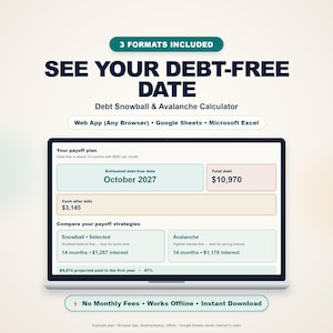 May include: A digital debt payoff calculator displayed on a laptop screen, featuring a debt-free date of October 2027, total debt of $10,970, and cash after bills of $3,145. It compares snowball and avalanche strategies with interest and timeline data.